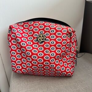 Tory Burch Red Floral Zip Cosmetic Case with Gold Logo